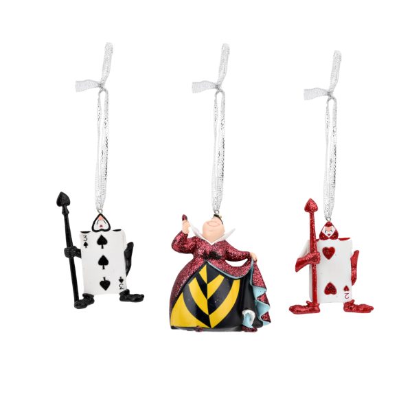 A set of three hanging Christmas tree decorations depicting the Queen of Hearts from Disney's Alice in Wonderland flanked by two playing cards. The Queen is wearing a yellow and black chevron skirt with a red glitter dress on top. On the left is the Three of Spades holding a black Spade spear and on the right is the Two of Hearts holding a red Heart spear. All hang from silver metallic ribbons.