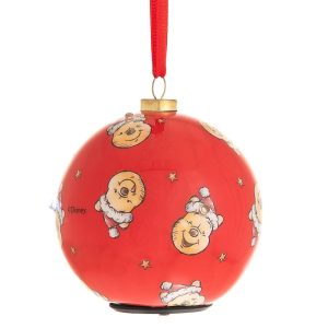 A red Christmas tree bauble with LED lights featuring a pattern of Disney's Winnie Pooh's face wearing a santa hat surrounded by yellow stars. Hanging from a red ribbon.