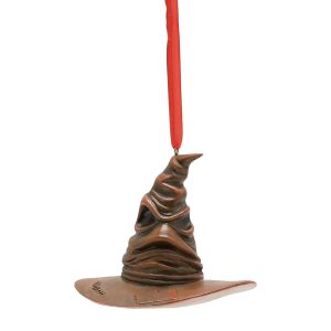 A polyresin Christmas tree decoration depicting The Sorting Hat from the Harry Potter franchise. Hanging on a red ribbon.