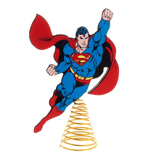 DC Comic's Superman Christmas Tree Topper. A flying Superman in his traditonal cartoon colours of red, blue and yellow sits atop a gold coloured metal conical spring for mounting on the Christmas tree.