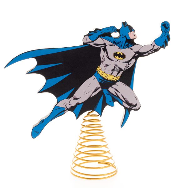 DC Comic BatmanChristmas Tree Topper - A flying Batman in his traditonal cartoon colouirs of blue and grey with his Batman logo and utility belt in yellow sits atop a gold cloured metal conical spring for mounting on the Christmas tree.