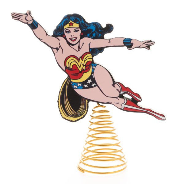 DC Comic's Wonder Woman Christmas Tree Topper. A flying Wonder Woamn in her traditonal cartoon colours of red, blue and yellow with her lasso sits atop a gold coloured metal conical spring for mounting on the Christmas tree.