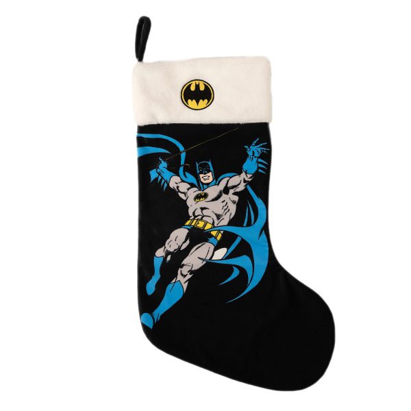 Black fabric stocking with Iconic leaping Batman design on the front in the classic grey and blue comic book style. The stocking has a white fleece cuff embroidered with the Batman "Bat" logo. Black hanging hook attached.