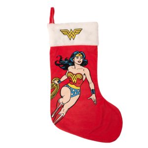 This large luxury red velveteen stocking is emblazoned with an iconic image of Wonder Woman in bold classic comic book colours. The fluffy cuff has the Wonder Woman logo embroidered in the centre and there is a red fabric loop provided for hanging. Dimensions 74 x 37 cm flat