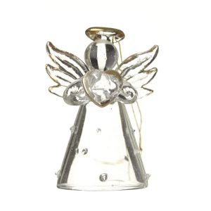 A petite Polka Dot glass angel ornament with a heart hanging decoration on a white background.