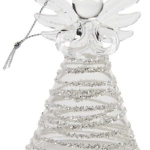 A Gorgeous Glass Angel with Glitter Hoop Skirt Hanging Decoration, featuring a silver ring on it, serves as a gorgeous hanging decoration.