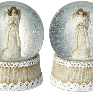 These beautiful Angel Figurine Snow Globes stand at 13.5cm tall and have a polyresin base, decorated in pastel brown and cream to emulated fabric and lace. The solitary Angel Figurines are decorated in the same style and the globes contain pretty white snow which cascades around the Angel when inverted.