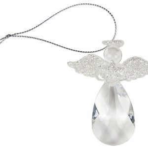 A clear glass angel with a faceted teardrop shaped crystal skirt and silver glitter wings and halo, holding a silver glitter star. Hanging from a silver string.