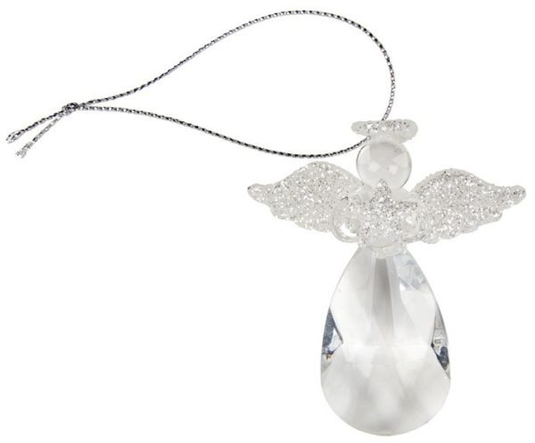 A clear glass angel with a faceted teardrop shaped crystal skirt and silver glitter wings and halo, holding a silver glitter star. Hanging from a silver string.