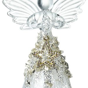 A clear glass Angel holding a diamante star decoration between her praying hands. She has clear wings and halo and her dress is filled with fine spun glass. She hangs from a silver thread.