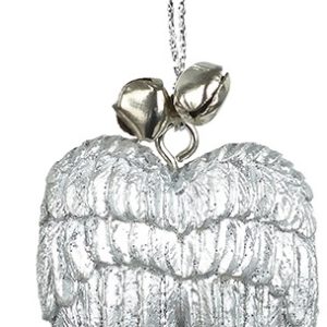 A pair of small silver Angel wings hanging beneath a pair of silver bells hanging from a silver string.