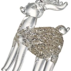 A hand finished, clear glass reindeer with silver glitter body hanging from a silver string.