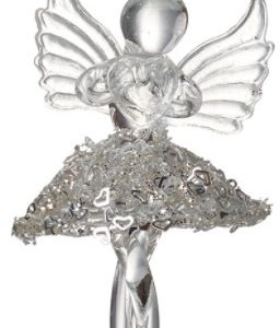 A handmade glass ballerina Angel Christmas tree decoration. She has a clear halo and wings and is holding a clear glass heart. Her tutu is covered in silver heaart shaped sequins.