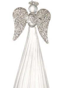 A tall clear glass Angel hanging decoration. She has silver glitter wings and halo and is holding a silver glitter heart in her hands. She has a long fluted clear glass skirt with a wavy hem.