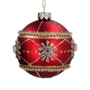 An 80mm opulent matt red glass bauble by talented designer Gisela Graham features a band of sparkly diamante starbursts surrounded by two bands of gold beads and a glitter lattice design. Shown against a white background.