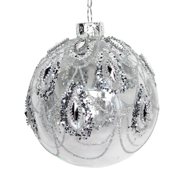 An 8cm round clear glass Christmas bauble from Gisela Graham. This bauble has been decorated in beautiful swags of silver glitter and sequins and silver gems. Shown against a white background.