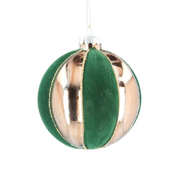 A segmented glass Christmas bauble by Gisela Graham. Alternative segments of shiney bronxe lacquer and dark green flock are finished with a fine gold beaded edging. This luxurious bauble has a warm contrast of colours and textures. It is shown against a white background