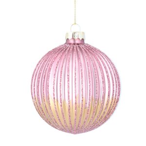 An 80 cm Christmas bauble made of ribbed glass bauble by talented designer Gisela Graham. This soft pink glass baubles has a matt gold ombre paint effect. Each rib is redecorated with a fine line of pink glitter.