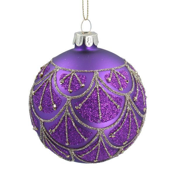 An 8cm matt purple purple bauble with gold and purple glittery swag detail on a white background.