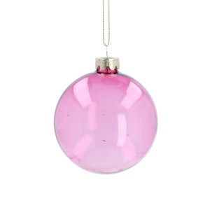 A translucent pink glass Christmas tree bauble hanging from a silver string.