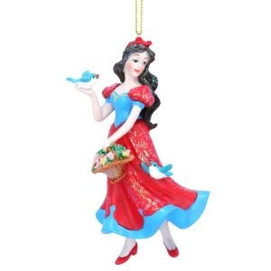 Approx 11cm tall excluding string - Resin hanging Christmas tree decoration of Snow White by Gisela Graham. Snow White is wearing a red and blue dress and has a red bow on her ebony hair, her lips are red.She holds a bluebird in on hand and a basket of flowers in the other. Another bluebird flies beside the basket. Her shoes are red. She is shown against a white background.