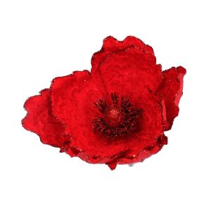 A realistic looking red Magnolia flower head made from wire and fabric and used as a decoration. The flower has red textured fabric petals with red glitter detail. Set against a white background