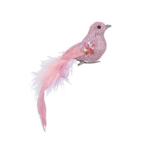 A Pretty Pink Glitter & Feather Clip On Bird with a pink glitter polyfoam body with real pink feathers for the wings and tail. The wings are accented with small beads and sequins. 