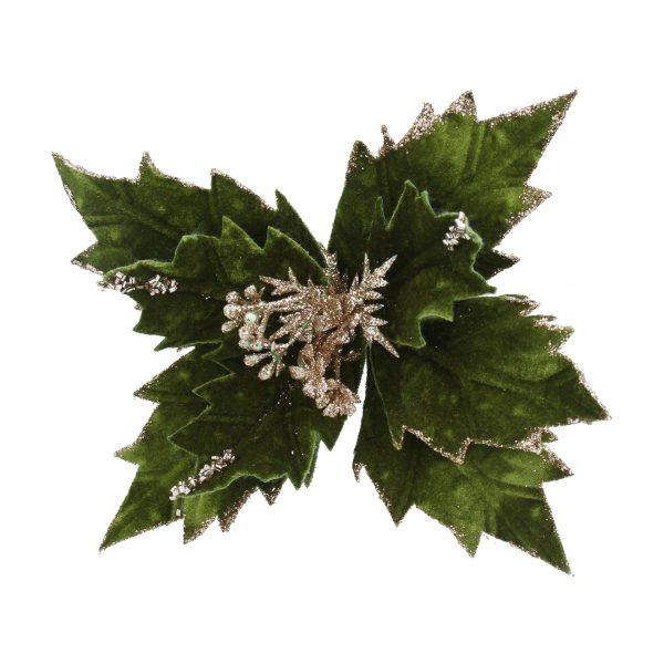 A Dark green fabric Poinsettia flower head decoration. The textured fabric leaves are made over a wire frame and are decorated with sparkly gold glitter on the edges. The stamen in the centre of the flower is also decorated with gold glitter. Shown on a white background.