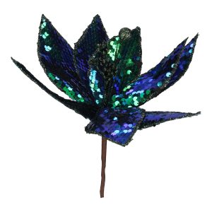 A stunning Peacock coloured sequined poinsettia pick. The petals are made of fabric and wire. Each petal is either navy or emerald super sparkly reversible sequin with matt black on the reverse. The centre of the flower is a glittery decorated stamen.Shown against a white background.