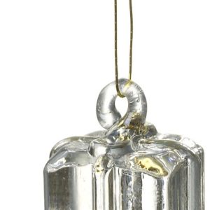 Small Clear Glass Present with Gold Ribbon Detail Decoration This solid glass tree decoration measures 2cm x 2cm square and is in the shape of a present, all wrapped up in a gold bow. This dainty decoration adds a touch of elegance to any tree with its simple charm.