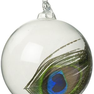 A beautifully simple 8cm clear glass bauble with a blue and green toned peacock feather in side. Shown against a white background .