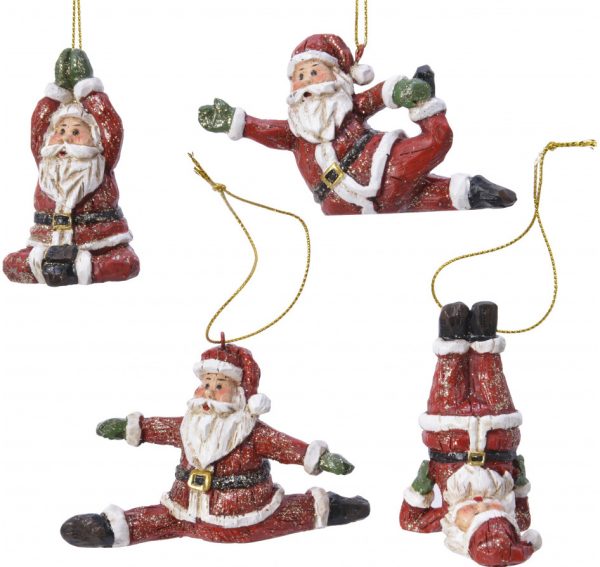 Have a Namaste Christmas this year with these Yoga Santa decorations. Available in 4 different yoga poses, Half Lotus - Santa sits crossed legged with his arms together above his head. Leg Stretch - Santa sits with one leg stretched out behind him and the other curled up behind him. Both of his arms are outstretched. Shoulder Stand - Santa sits up on his shoulders with his legs stretched high up above him. Splits - Santa is pulling out all the stops with his legs in the splits position and his arms outstretched either side.