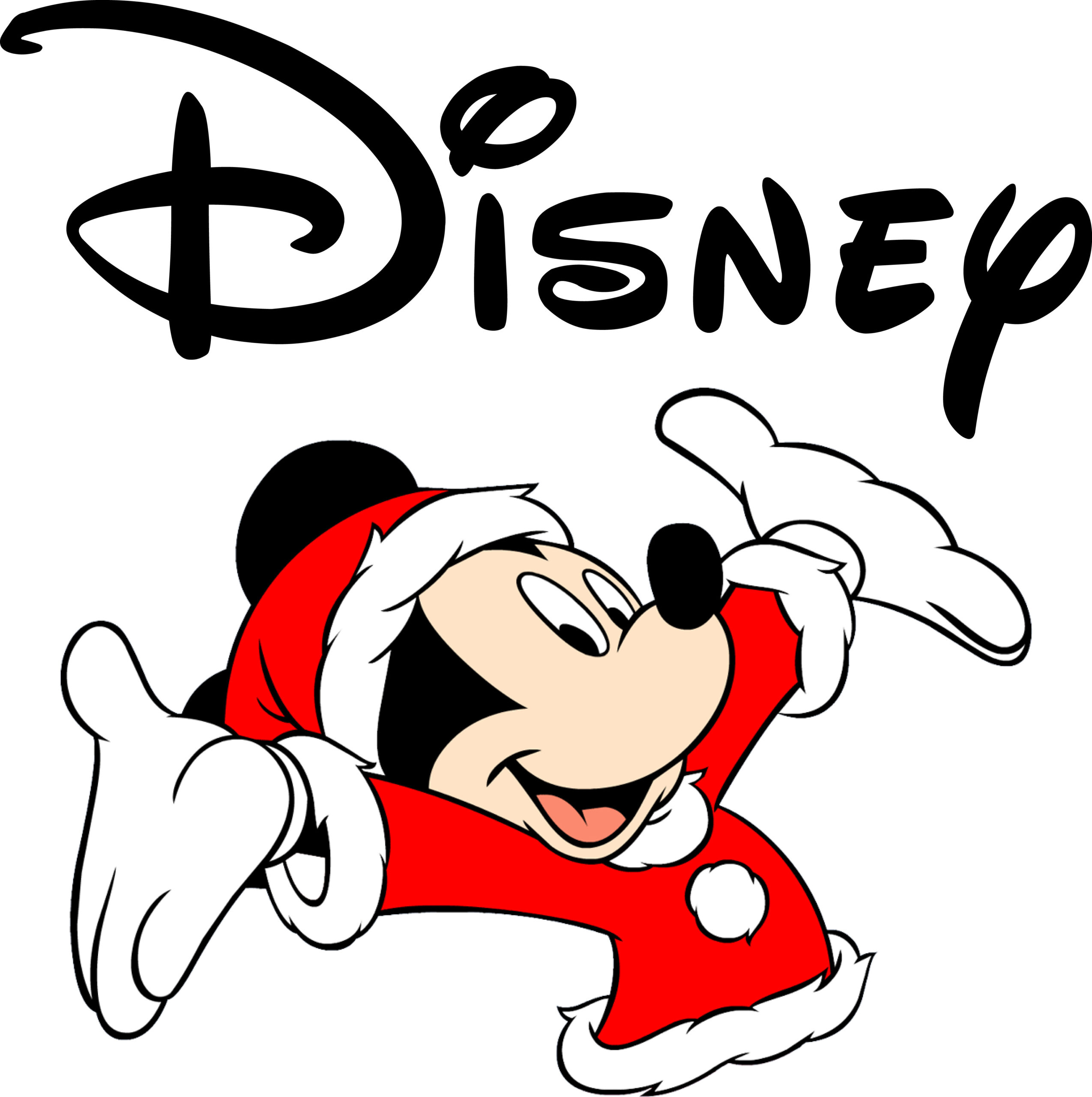 Disney logo in black on a white background, beneath Mickey mouse has his arms gleefully open wide and is smiling wearing a Santa suit and hat.