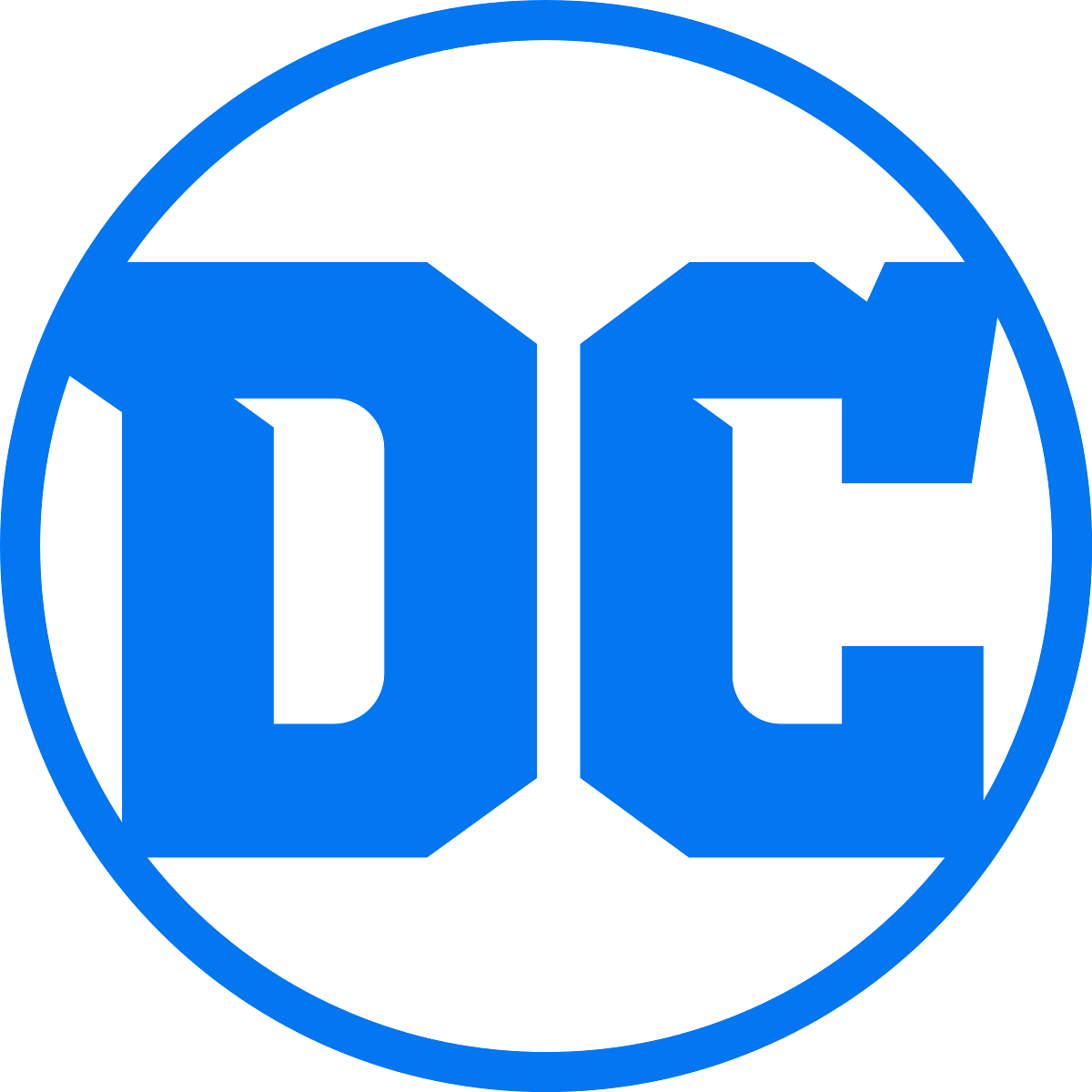 DC COMICS LOGO, a blue capital D and C in a chunky font surrounded by a thinner blue circle on white background.