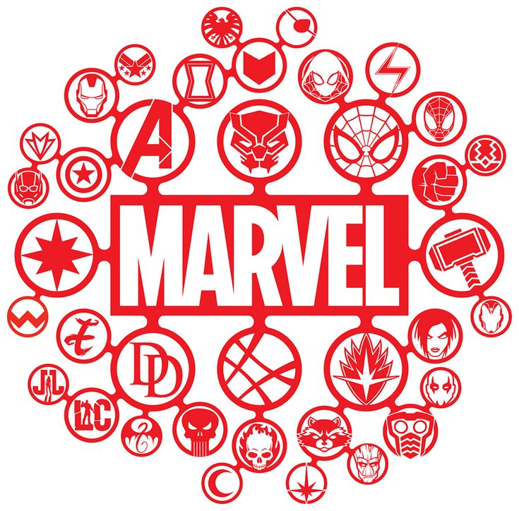 Marvel Logo surrounded by icons from their famous characters such as the Avengers, Iron Man and Black Widow. Red on white back ground.