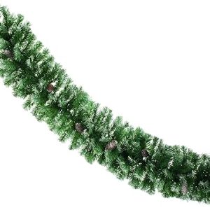 A section of a bushy 3 meter long Christmas garland. It has bushy green foliage and frosted tips and real pine cones. Shown against a white background.