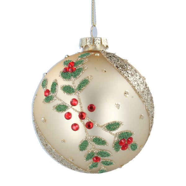 Matt Gold Bauble with Gold Glitter and Diamante Holly - 8 cm A beautiful pale matt gold glass bauble by Gisela Graham decorated with gold glitter swooshes up the sides and diamante holly motif. 