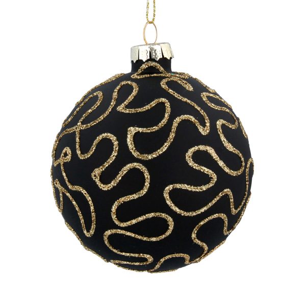 Matt Black Glass Bauble with Gold Glitter Swirls - 8cm A beautiful glass bauble by Gisela Graham. This 8cm matt black glass bauble is tastefully covered in swirling a gold glitter design. Eye-catching on any tree!