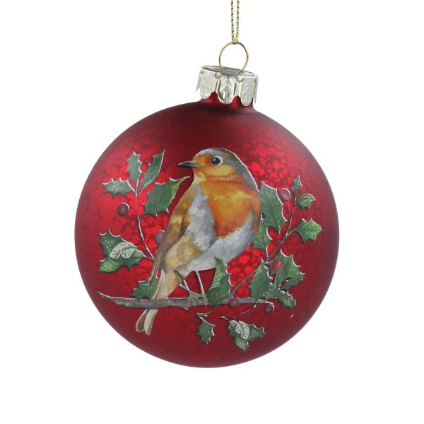 Rich Red Antique Glass Bauble with Robin Motif - 8 cm This Rich Red Antique effect Glass Bauble by Gisela Graham is finished with a delightful with Robin and Holly motif on both sides - 8 cm