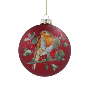 This Rich Red Antique effect Glass Bauble by Gisela Graham is finished with a delightful with Robin and Holly motif on both sides - 10 cm