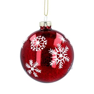 A red mercury effect glass Christmas tree bauble decorated with white snowflakes with white beads in their centres.