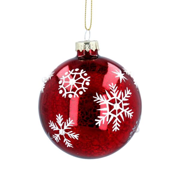 A red mercury effect glass Christmas tree bauble decorated with white snowflakes with white beads in their centres.