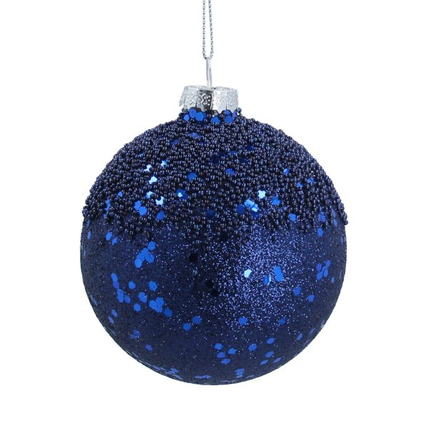 A midnight blue glass Christmas tree bauble decorated with tonal glitter and sequins with matching beading on the top.