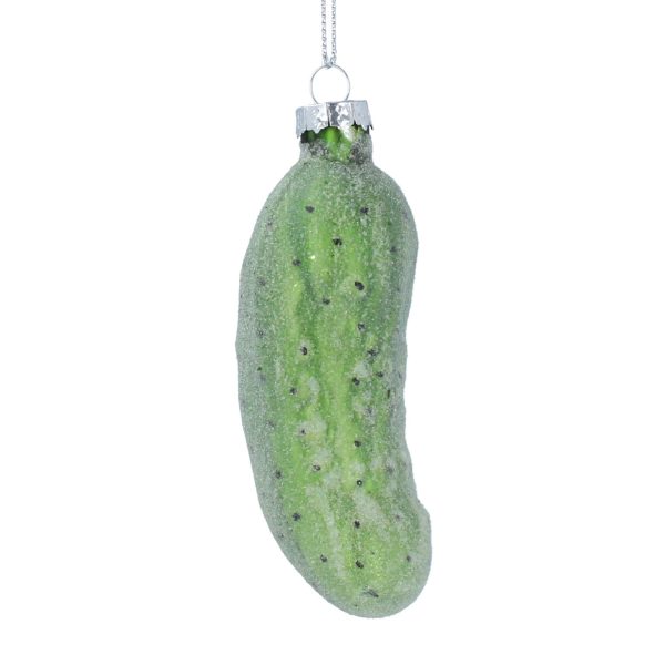 A traditonal blown glass Christmas tree decoration in the shape of a nobbly gherkin. It green and is decorated with white iridescent glitter all over.