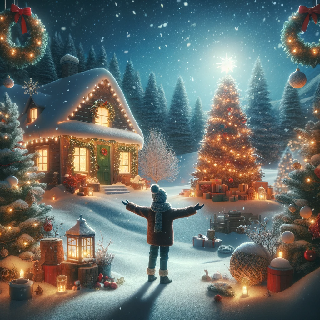 A boy is standing in a snowy winter scene in front of a large lit, decorated christmas tree, next to the tree is a snowy covered house that is also decorated with lights and garlands.