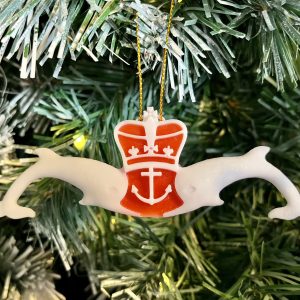 3D Printed White & Red Submariners Dolphins Tree Decoration. Made locally, these 3D Printed White & red Submariners Dolphins Tree Decorations are the perfect Christmas gift for  the Submariner or sailor in your life. The measure 12cm x 4cm and feature red detail behind the crown and anchor. Supplied on a gold string ready for hanging on the tree.