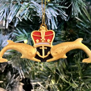 3D Printed Gold Submariners Dolphins Tree Decoration Made locally, these 3D Printed Gold Submariners Dolphins Tree Decorations are the perfect Christmas gift for  the Submariner or sailor in your life. The measure 12cm x 4cm and feature red, white and black detail behind the crown and anchor. Supplied on a gold string ready for hanging on the tree.