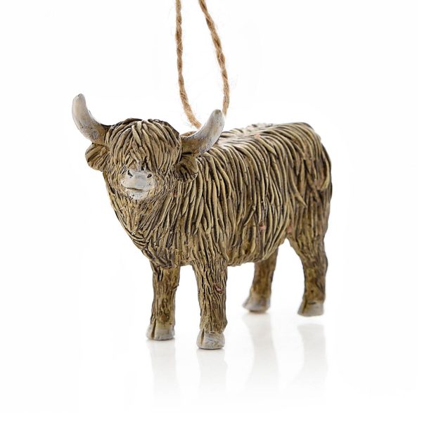 A polyresin Christmas tree decoration in the shape of a Highland Coo complete with horns. It hangs from a hessian string.