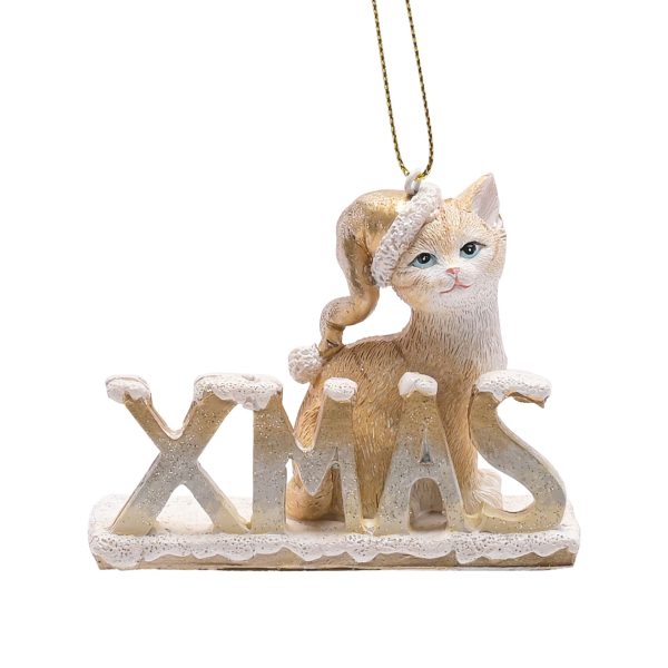 Xmas Cat Hanging Decoration - 9cm The white resin decoration showcases a festive cat behind a snow-covered ‘Xmas’ lettering, complete with gold metallic effect finish. It hangs from the tree using its gold thread hanger.