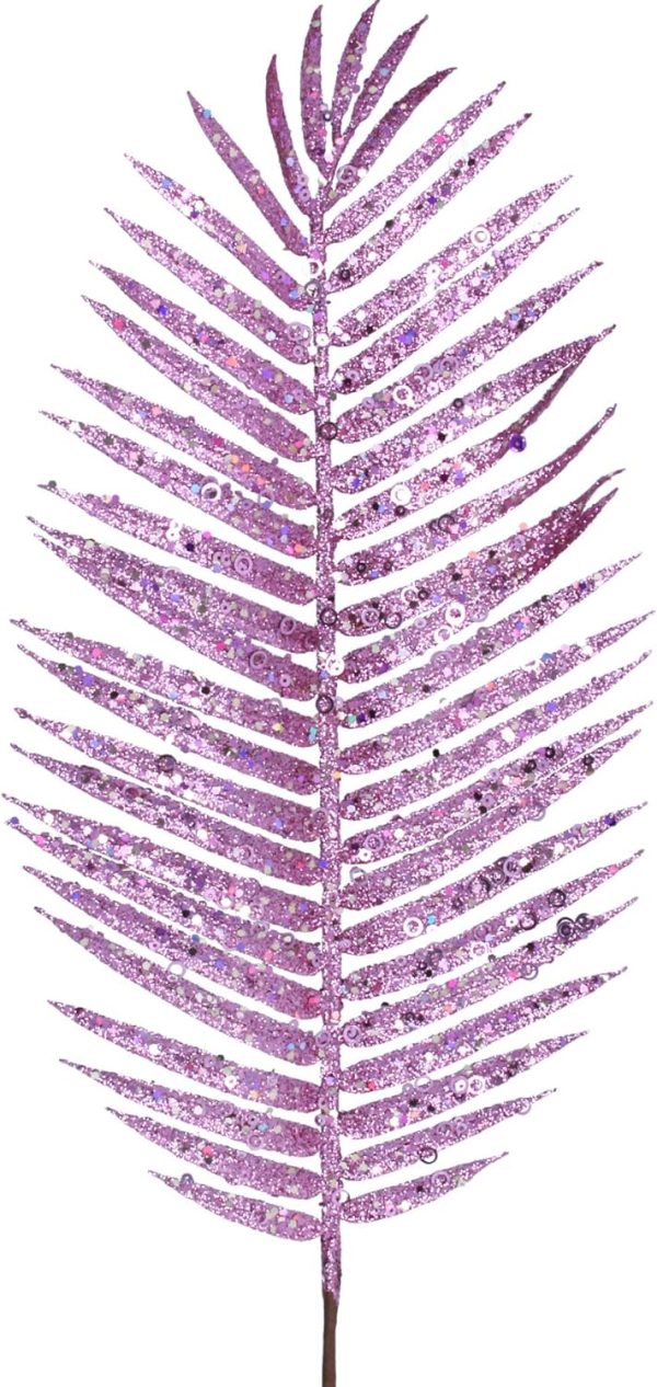 A Sparkly Pink Glitter Palm Leaf Stem by Gisela Graham with a purple hue, decorated with glitter and sparkles.